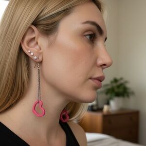 Pink Heart Drop Women’s Earrings with Sterling Silver Fish Hooks